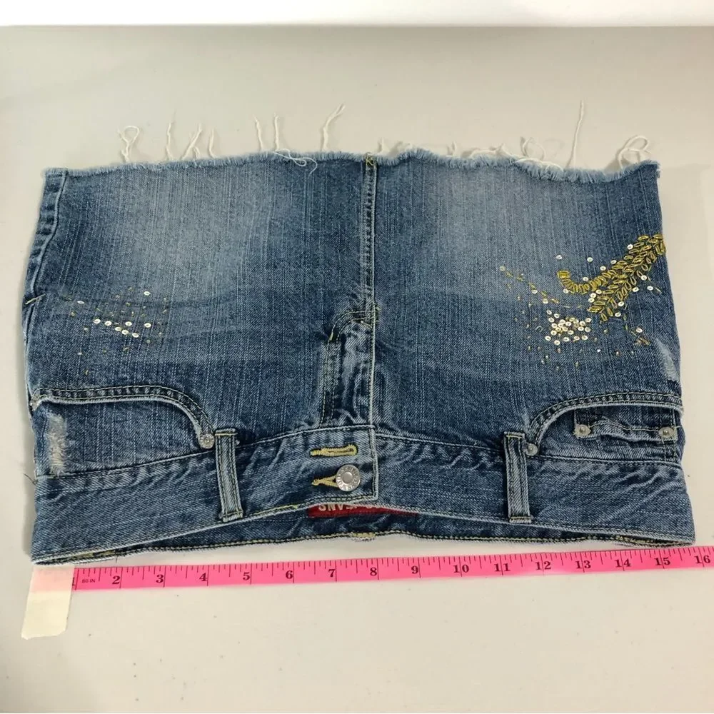 Vtg Guess Jeans Y2K Denim Mini Skirt Womens 28 Gold Sequins Cutoff Destructed‎